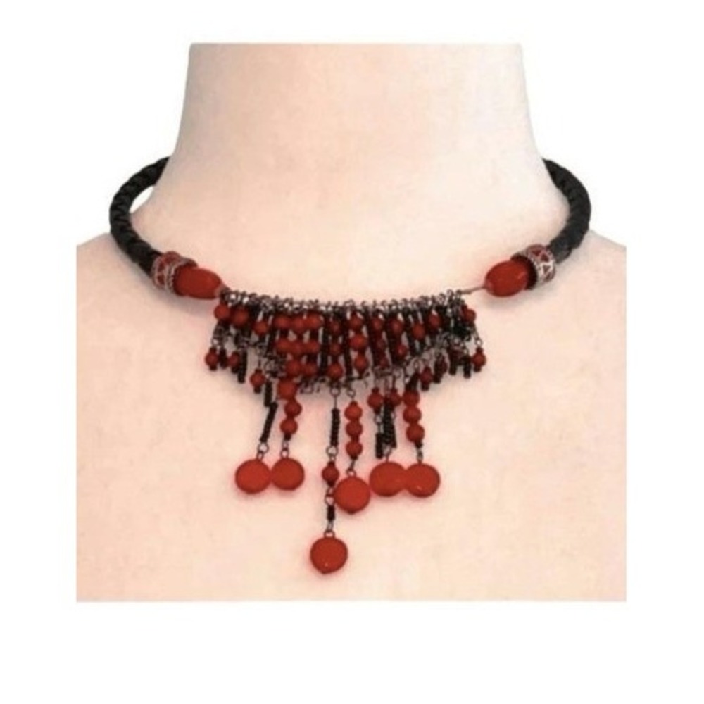 Vintage Chico's Choker Necklace Black Red Silver Wire Beaded Statement